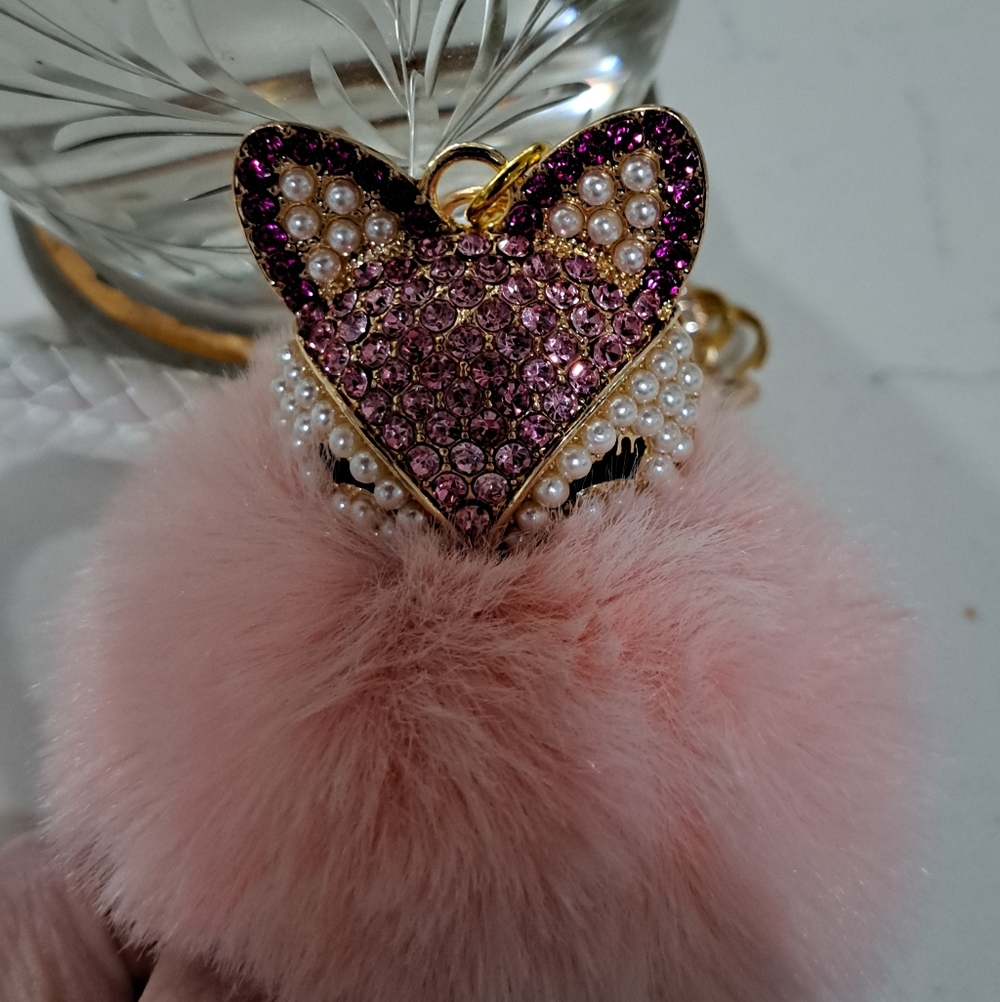 Betsey Johnson Fan Pink Fox Fur Keychain with Rhinestones, New